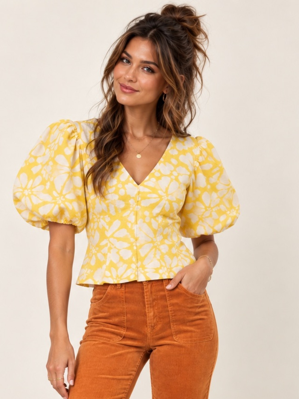 Banana Republic Yellow and White Floral Puff Sleeve Top